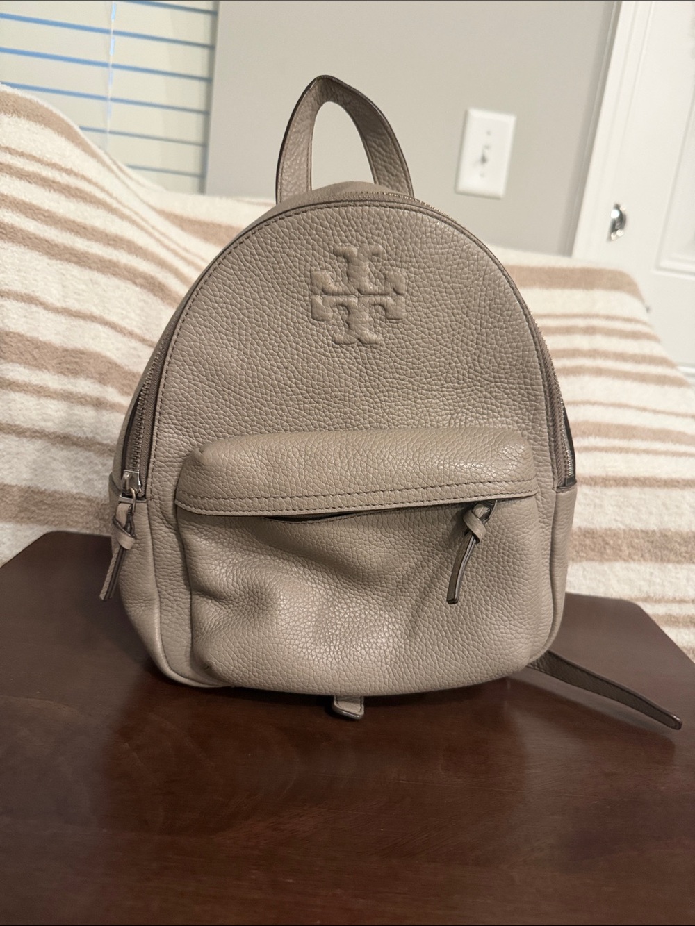 Tory Burch Pebbled Leather Mini Backpack in Taupe Gray